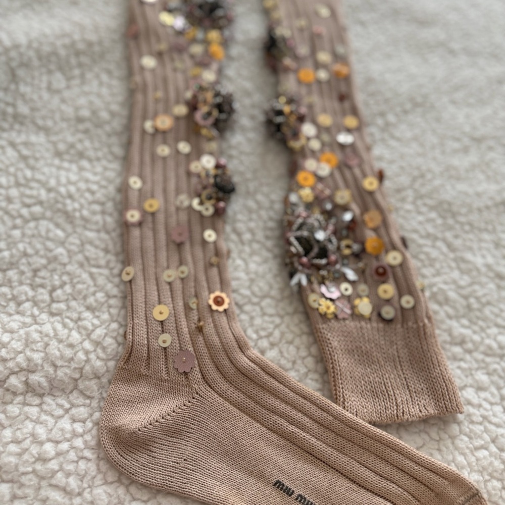 Miu Miu Sparkling Tan Knee-High Socks - Picture 4 of 11